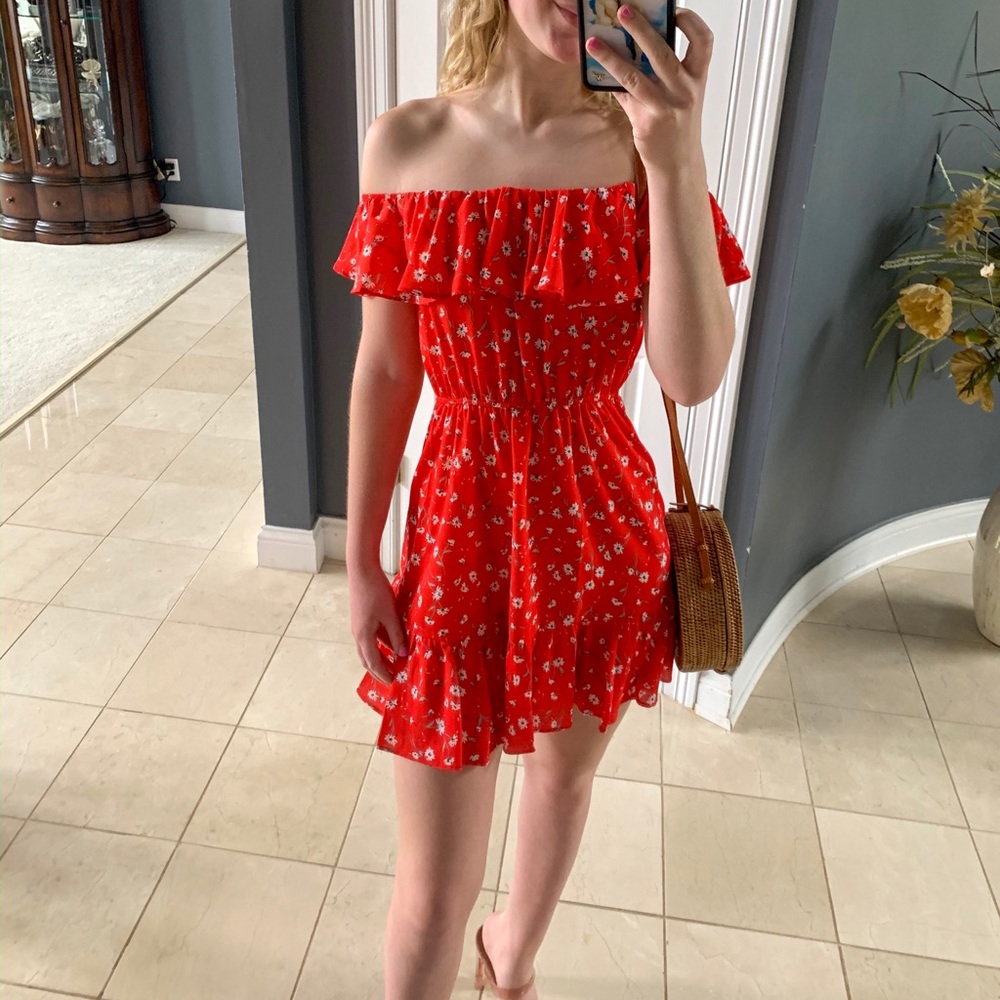 Red off the shoulder dress!